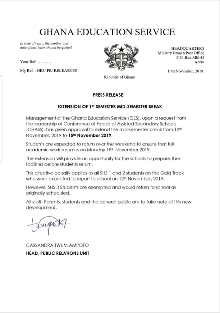 School Resumes Today 15 November for SHS 1 and 2 Students - GES