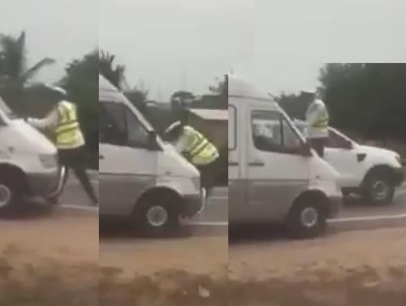 Police forced to hang on the car