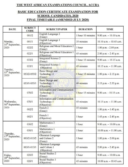 BECE 2020 FINAL EXAMS TIMETABLE OUT