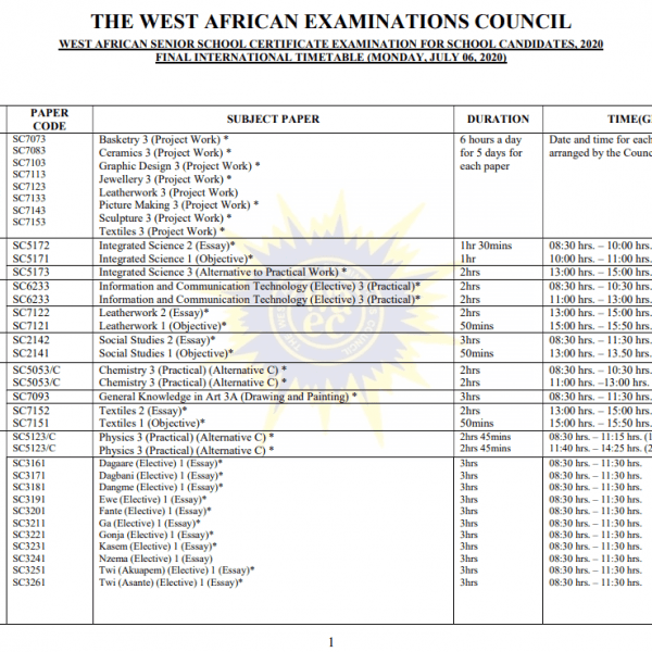 You can now DOWNLOAD the 2020 WASSCE Timetable for July Exams which was postponed because of COVID-19
