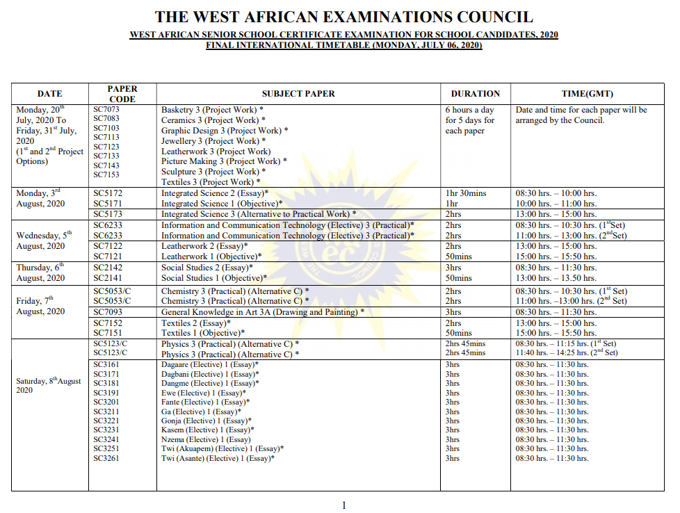 You can now DOWNLOAD the 2020 WASSCE Timetable for July Exams which was postponed because of COVID-19