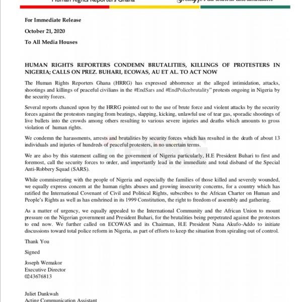 Human Rights Reporters condemn brutalities, killings of protesters in Nigeria; calls on Prez. Buhari, ECOWAS, AU et al to act now-#EndSars