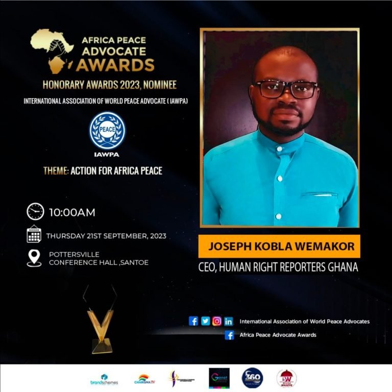 Human Rights Reporters Ghana CEO, Joseph Kobla Wemakor, Bags the 2023 Africa Peace Advocate Awards Nomination